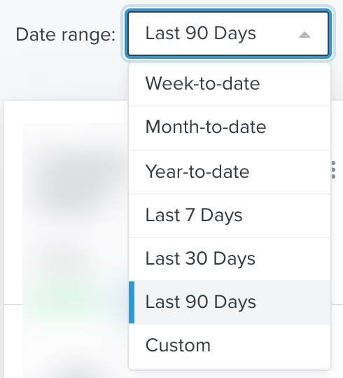 Date range dropdown open to show the options for date range choices to select.