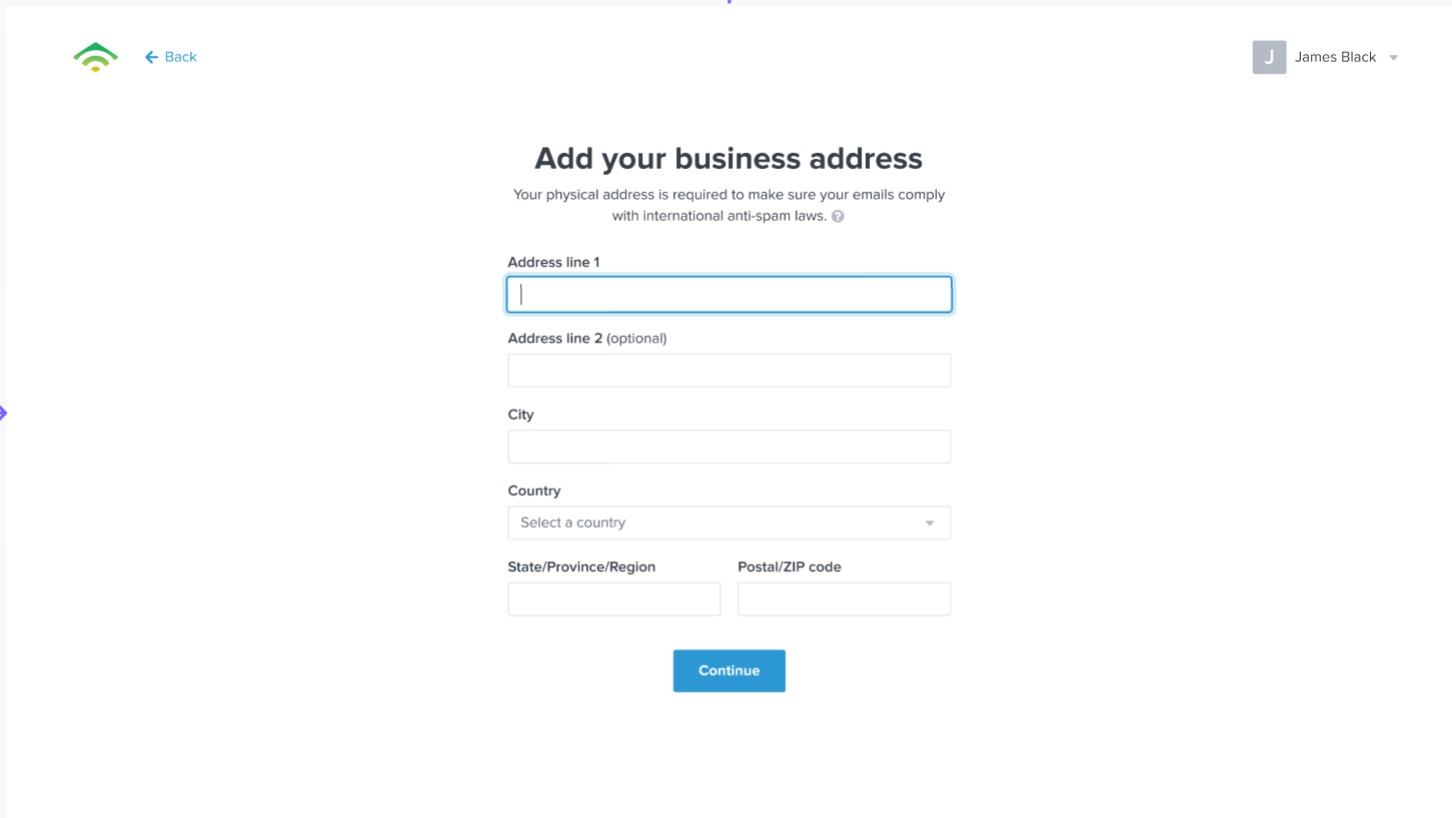 The Add Your Business page with fields for street, city, country, and zip code address information  