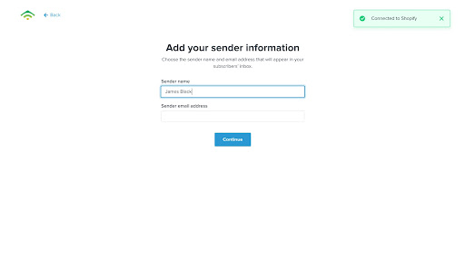 Sender information page with fields for inputting sender email address and from name
