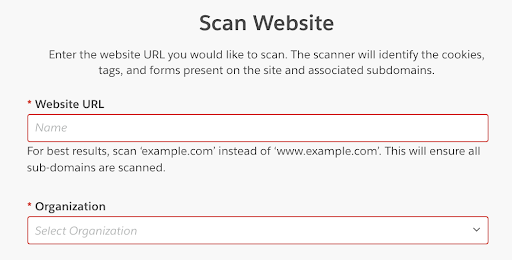 Scan Website modal with fields to fill website URL and Organization information