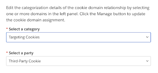 On the Categorization tab, a modal showing dropdowns for selecting a cookie category and cookie party