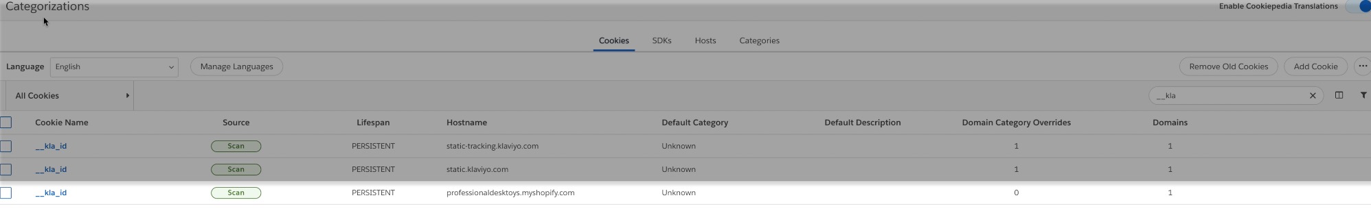 On the Categorization page, your __kla_id cookie highlighted in a list view