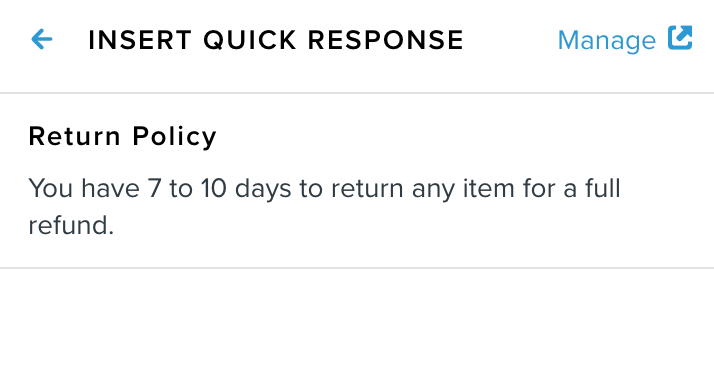 Insert Quick Response page showing all existing quick responses