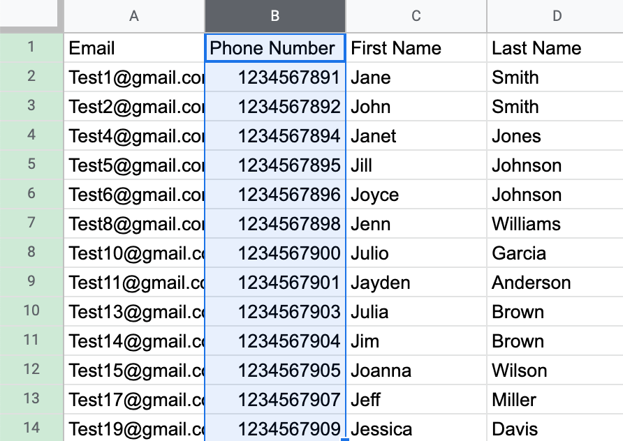 Inserting a column to the left of the phone number column