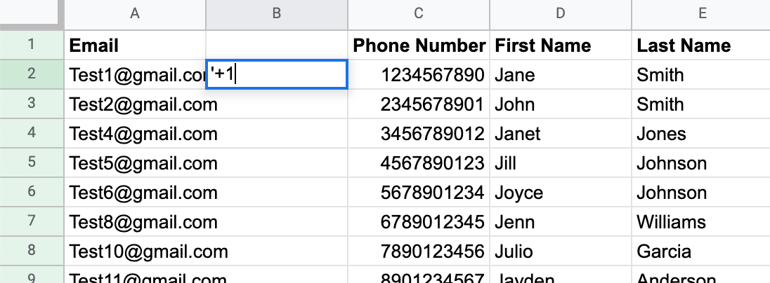 Adding an apostrophe, plus sign, and number one to a cell next to a phone number