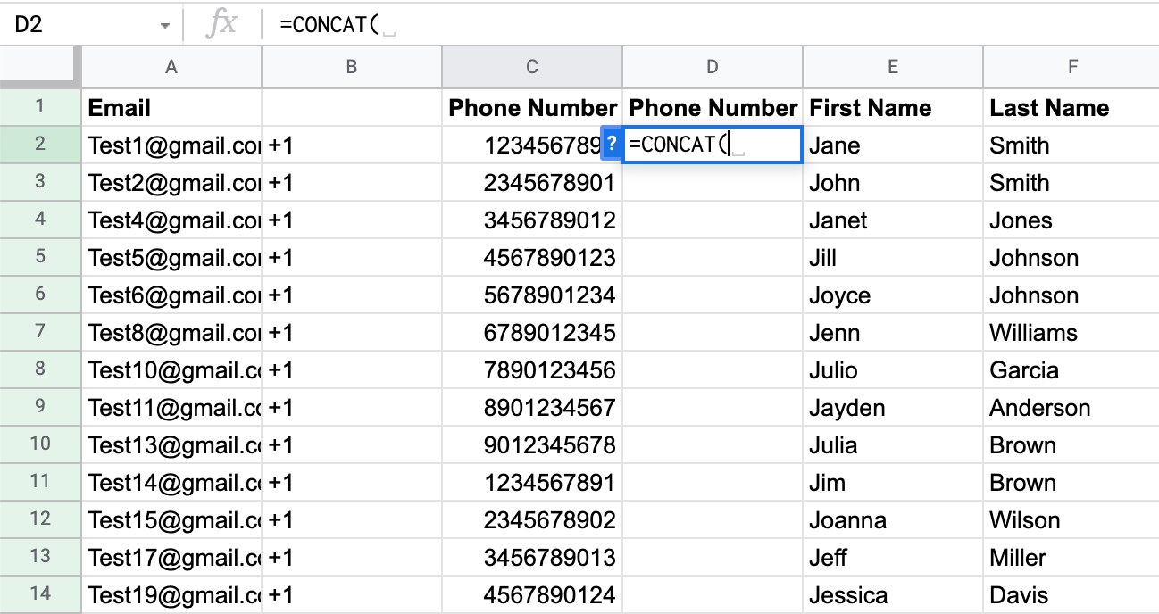 Adding an equal sign followed by CONCAT in Google Sheets