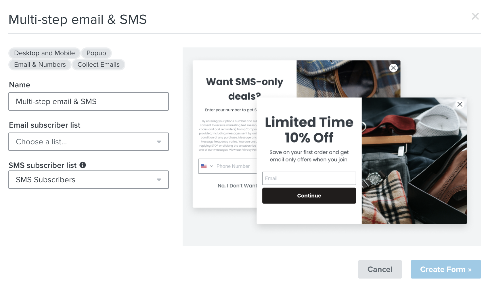 In multi-step forms from the Klaviyo form library users have the ability to choose two different lists for collecting email and SMS