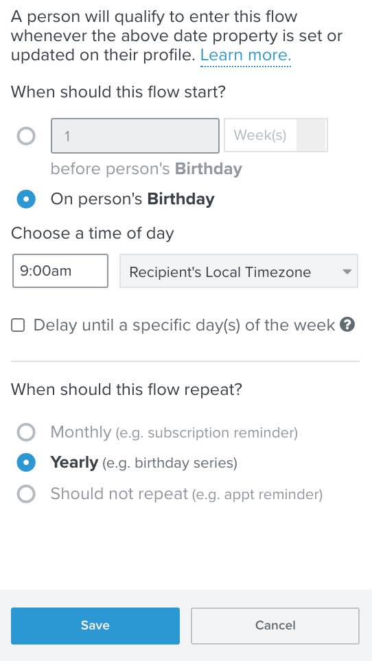 The Yearly option should be selected from the 'When should this flow repeat' section