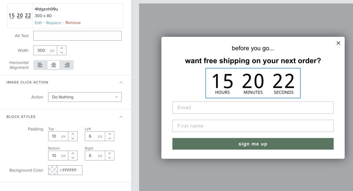 A Klaviyo signup form with a countdown timer added as an image