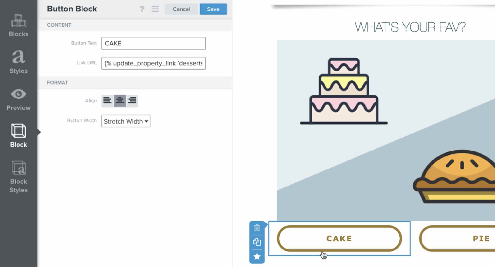 In Klaviyo's template editor, a Cake button uses the update profile property code in the URL field