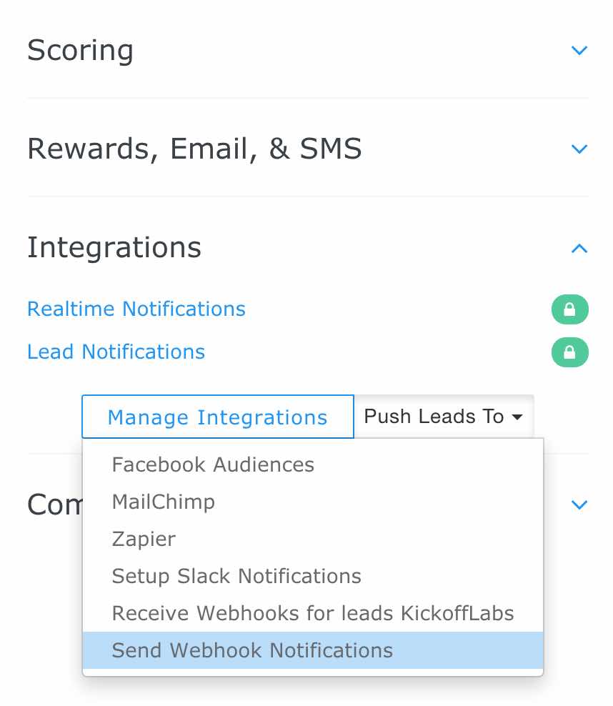 Kickoff Labs integrations section showing Manage Integrations dropdown with Send Webhook Notifications highlighted in blue