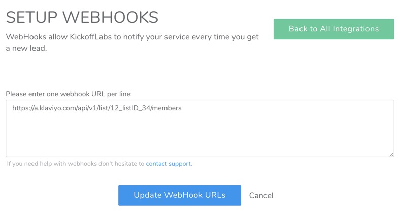 Kickoff Labs Setup Webhook section showing textbox for webhook URL and Update WebHook URLs in blue