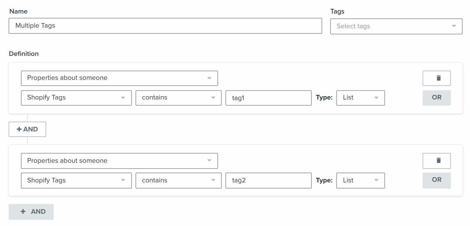 Klaviyo segment builder showing segment defined by Shopify tags contains tag1 and Shopify tags contains tag2