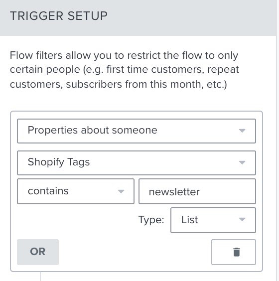Klaviyo flows builder trigger setup showing flow filter Shopify tags contains newsletter