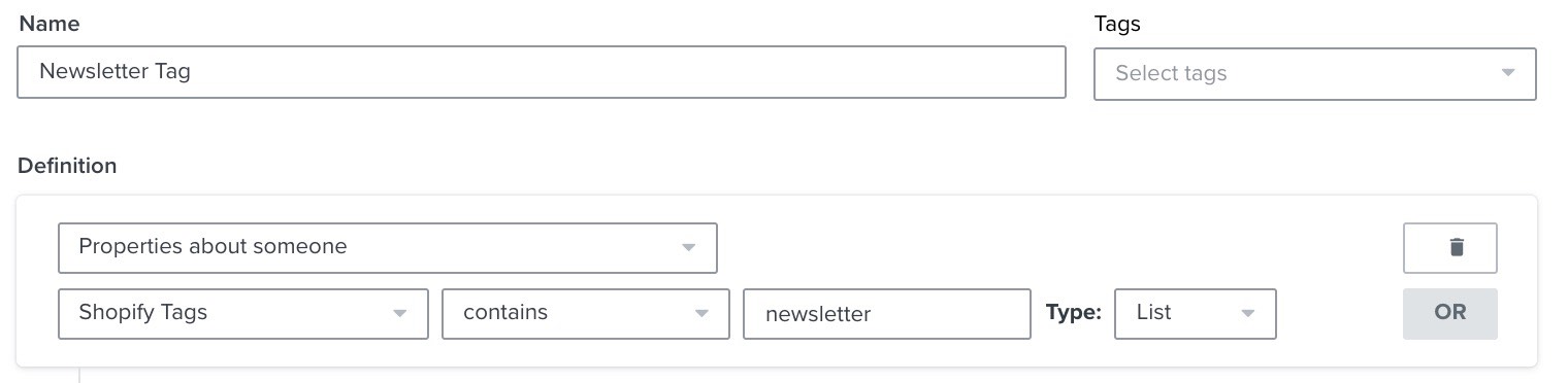 Klaviyo segment builder showing a segment defined by Shopify tags contains newsletter