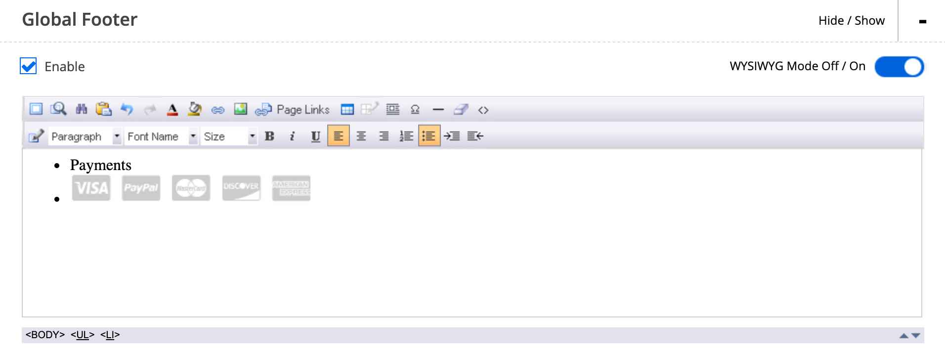 Global footer editor text box in Shift4Shop with enable checked off