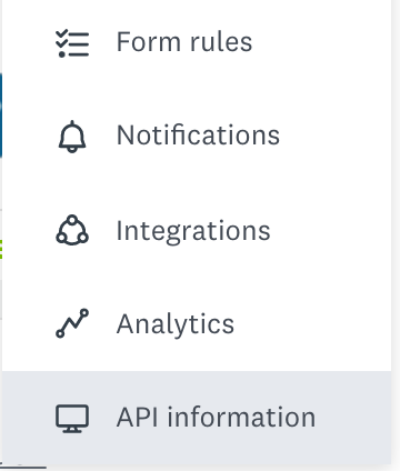 Wufoo dropdown showing Form rules, Notifications, Integrations, Analytics, and API Information highlighted in gray