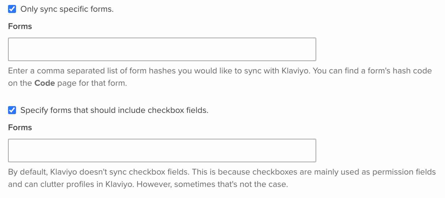 Wufoo integration settings page in Klaviyo showing checked settings Only sync specific forms and Specify forms that should include checkbox fields
