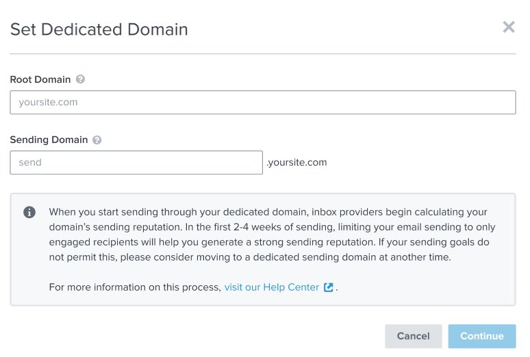 Dedicated sending domain page with fields to input root domain and sending domain to update