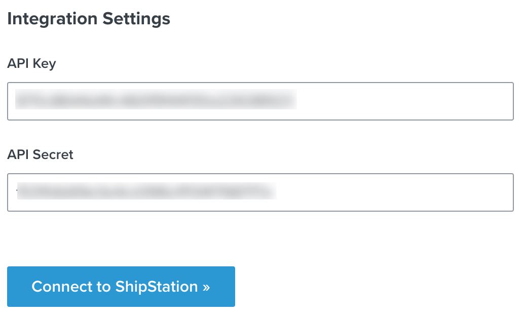ShipStation Integration settings page in Klaviyo with filled in API Key and API Secret with Connect to ShipStation in blue