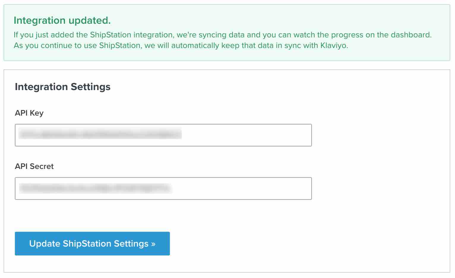 ShipStation integration settings page in Klaviyo with green Integration updated success callout