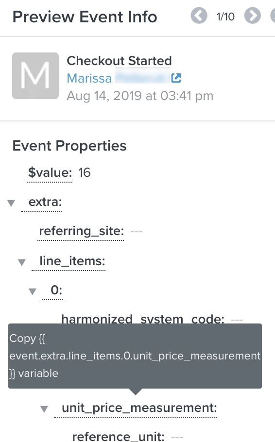 Hovering over data in the Preview Event Info window displays the option to copy data as a variable.
