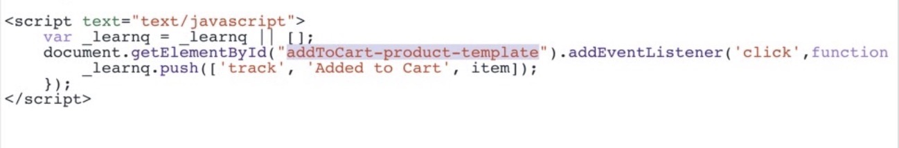 Klaviyo's add to cart snippet defined by button ID with add to cart variable modified to be addToCart-product-template