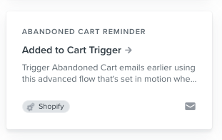 Card in Klaviyo flows library showing Added to Cart triggered Abandoned Cart reminder flow for Shopify