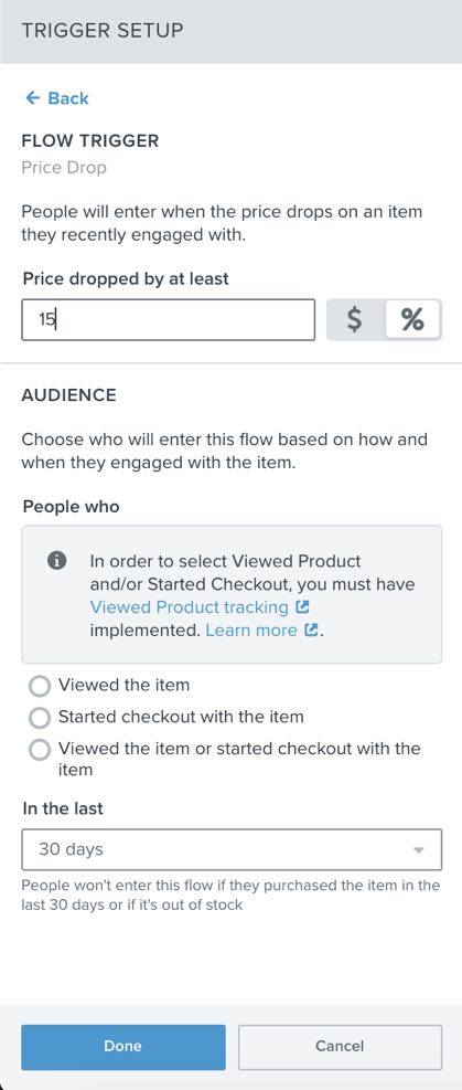 At the bottom of the Price Drop configuration menu is the option to configure a time period for when someone viewed or checked out the item.