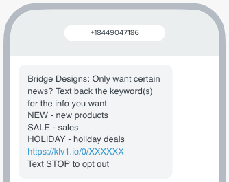 Example of first SMS message in the winback flow, which asks subscribers what type of messages they want