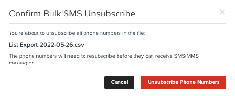 The modal to confirm you want to bulk unsubscribe SMS profiles