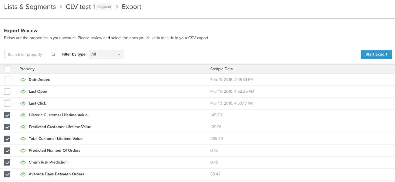 The export page for a CLV segment
