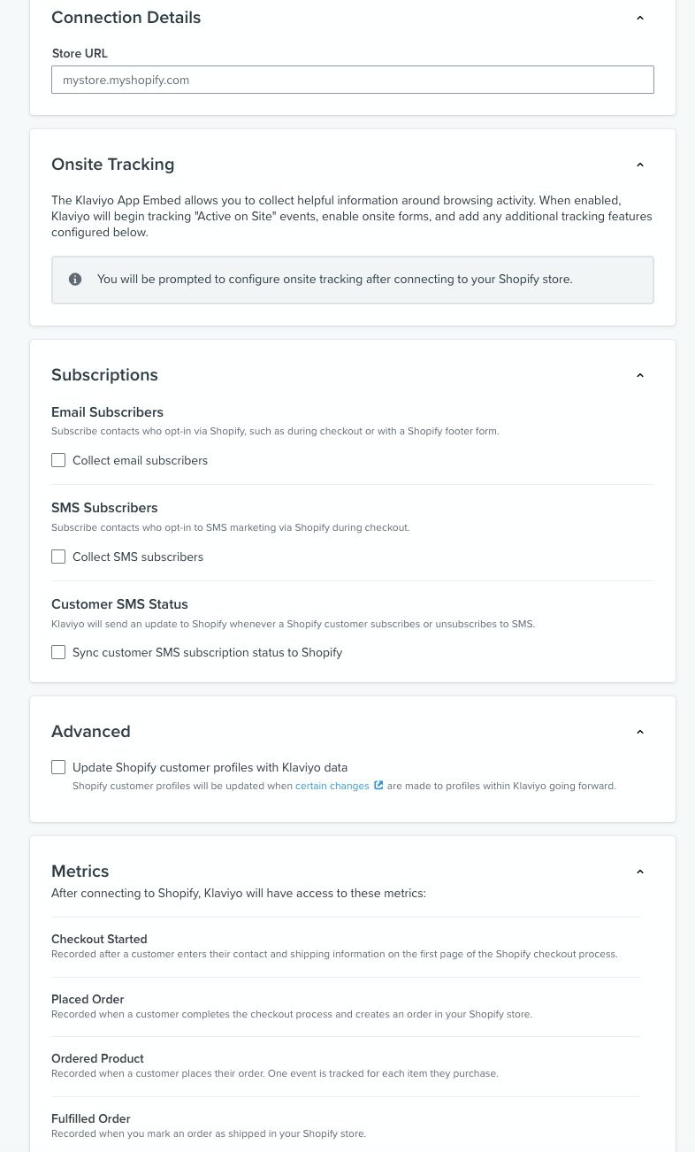 Klaviyo's Shopify integration page, showing Connection Details, Onsite Tracking, Subscriptions, and Advanced