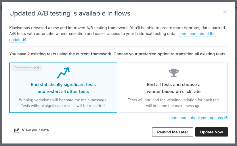 A modal will present you with 2 options to update existing tests.