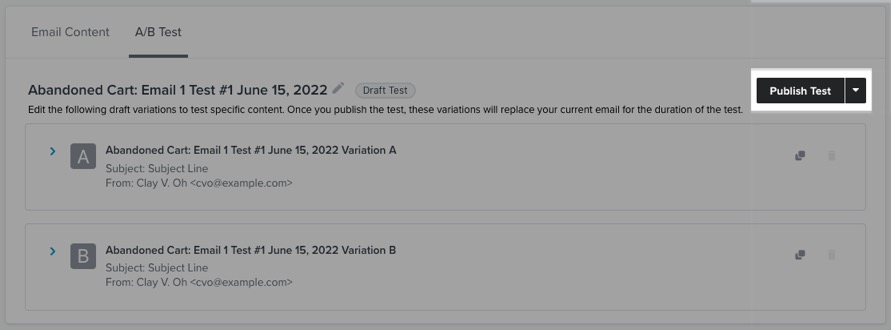 The Publish Test button is in the upper right of the A/B Test tab.