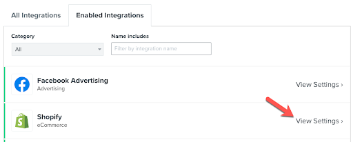 The integration settings link can be found to the right of each integration in the Enabled Integrations tab.
