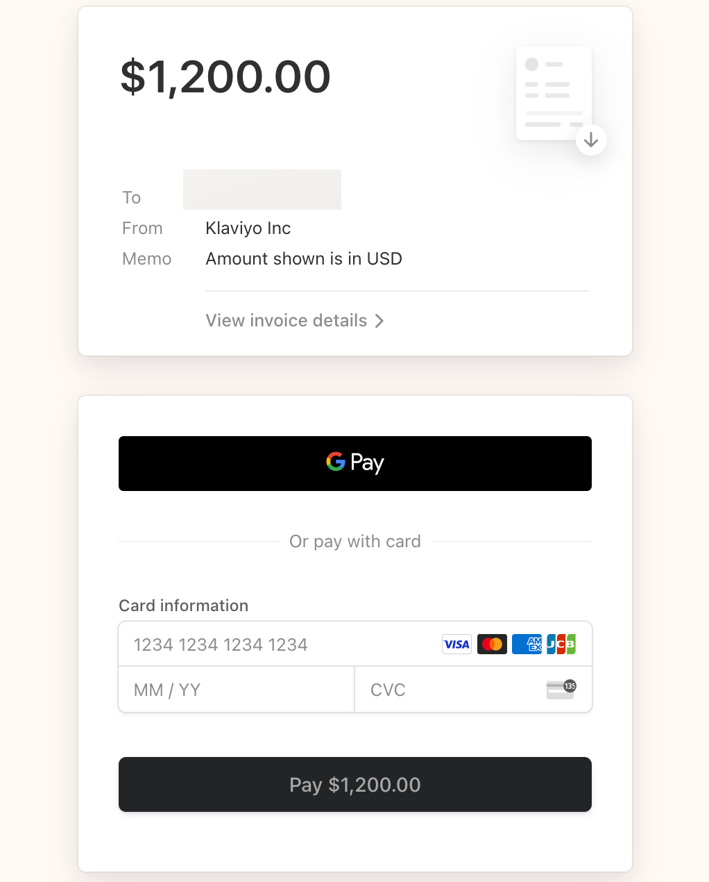 Payment option modal for an invoice