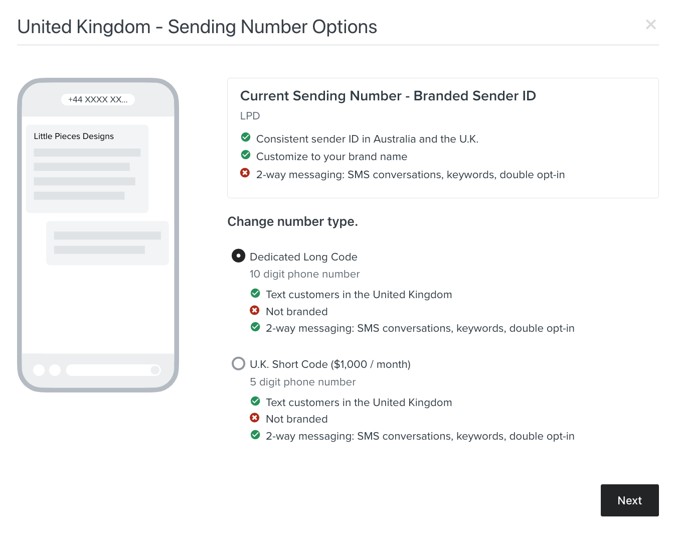 Modal to choose your UK SMS sending number