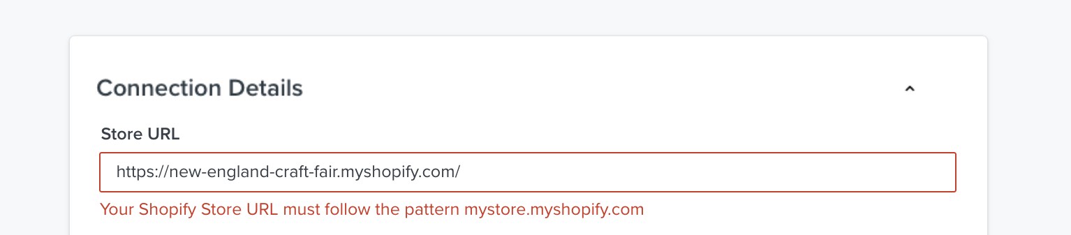 Connection details on Shopify integration settings page with Store URL box showing error in red