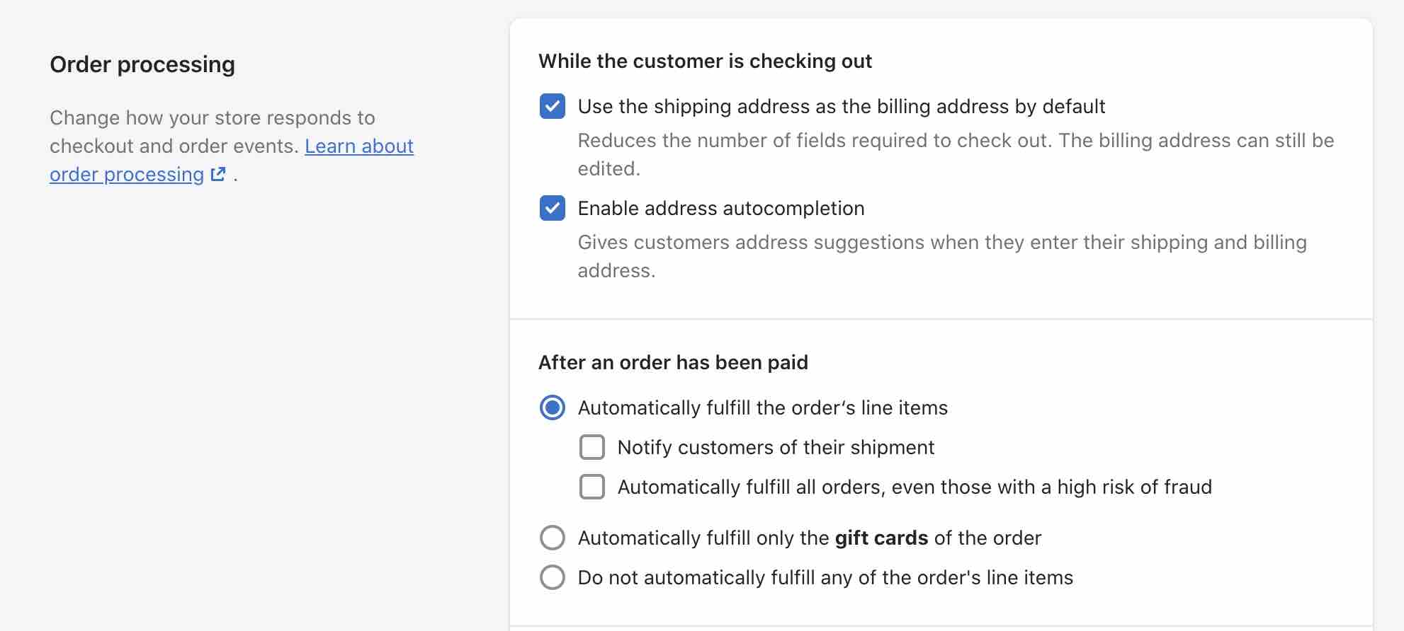 Order processing section in Shopify with Notify customers of their shipment unchecked