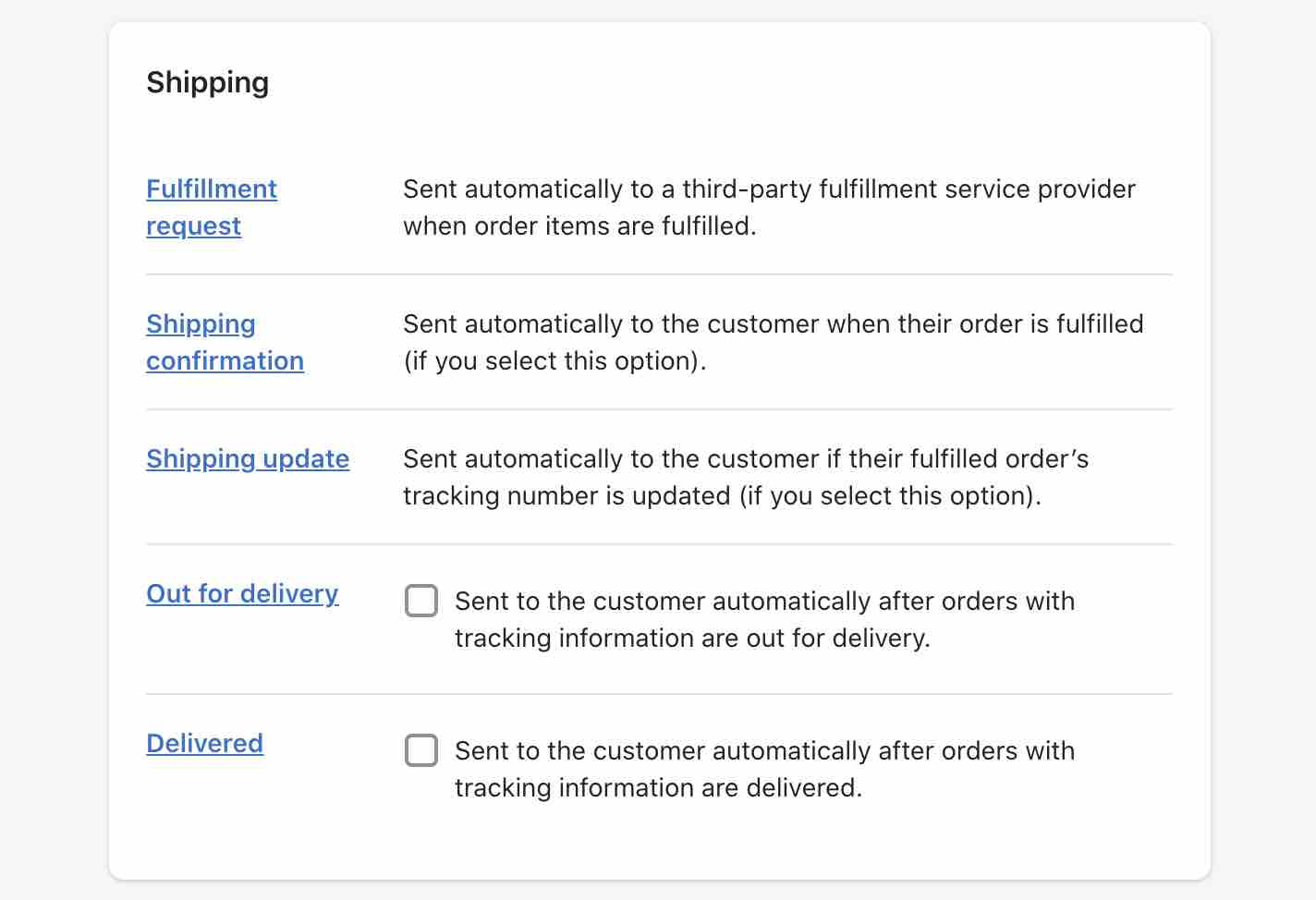 Shipping settings in Shopify with Out for delivery and delivered options unchecked