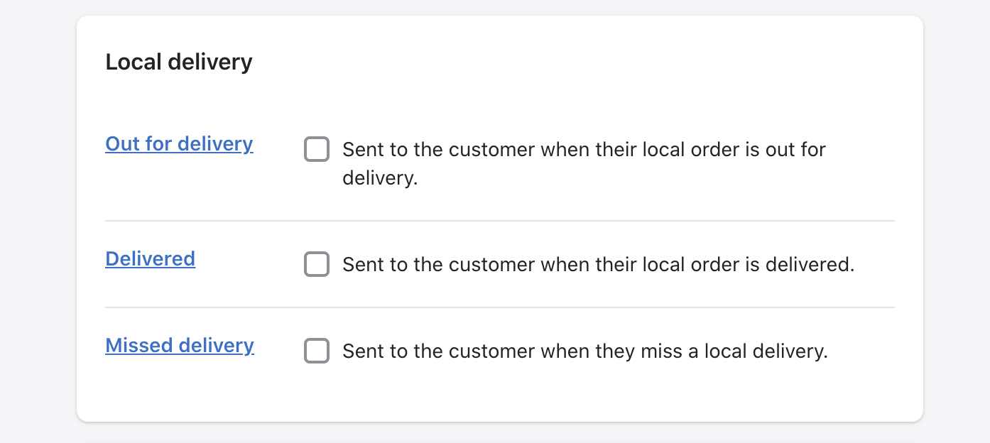 Local delivery settings in Shopify with Out for delivery, delivered, and missed delivery unchecked