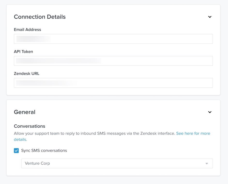 Zendesk settings page in Klaviyo showing settings including Email Address, API Token, and Zendesk URL, with Sync SMS conversations box checked