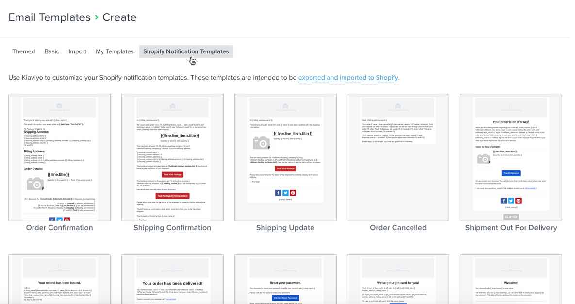 Klaviyo's email template library showing example templates, with different options at the top including Shopify Notification Templates with gray background