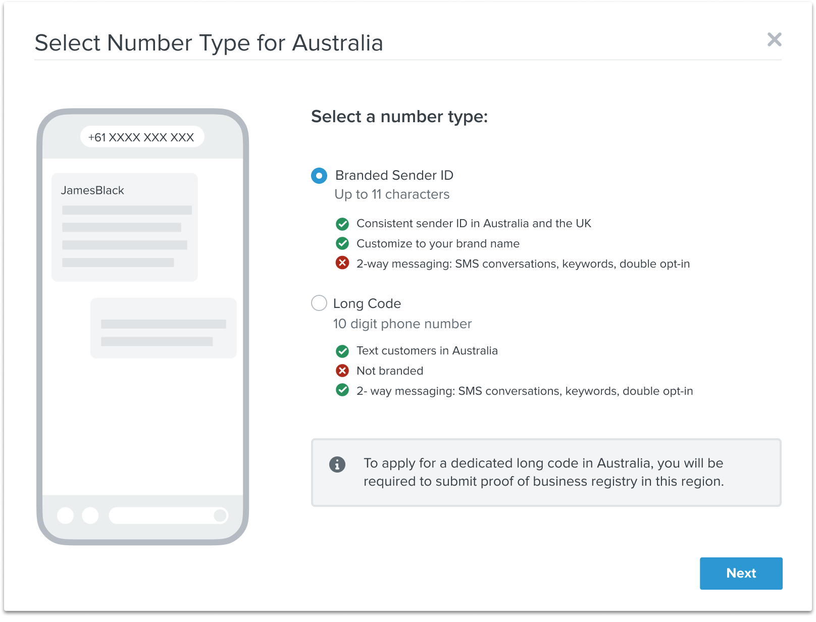 Modal where you can select your Australian sending number for SMS
      