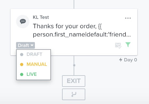A flow email item with the dropdown open to set the item to draft, manual, or live mode