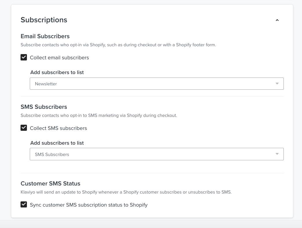 Subscriptions section of the Shopify integration settings page in Klaviyo, showing Collect SMS subscribers setting checked