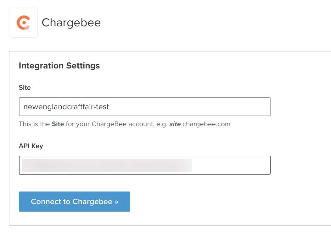 Chargebee integration settings page in Klaviyo with Site and API Key inputs and Connect to Chargebee with a blue background