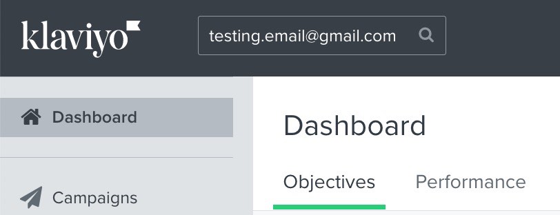 Top corner of Klaviyo dashboard with testing.email@gmail.com in search bar