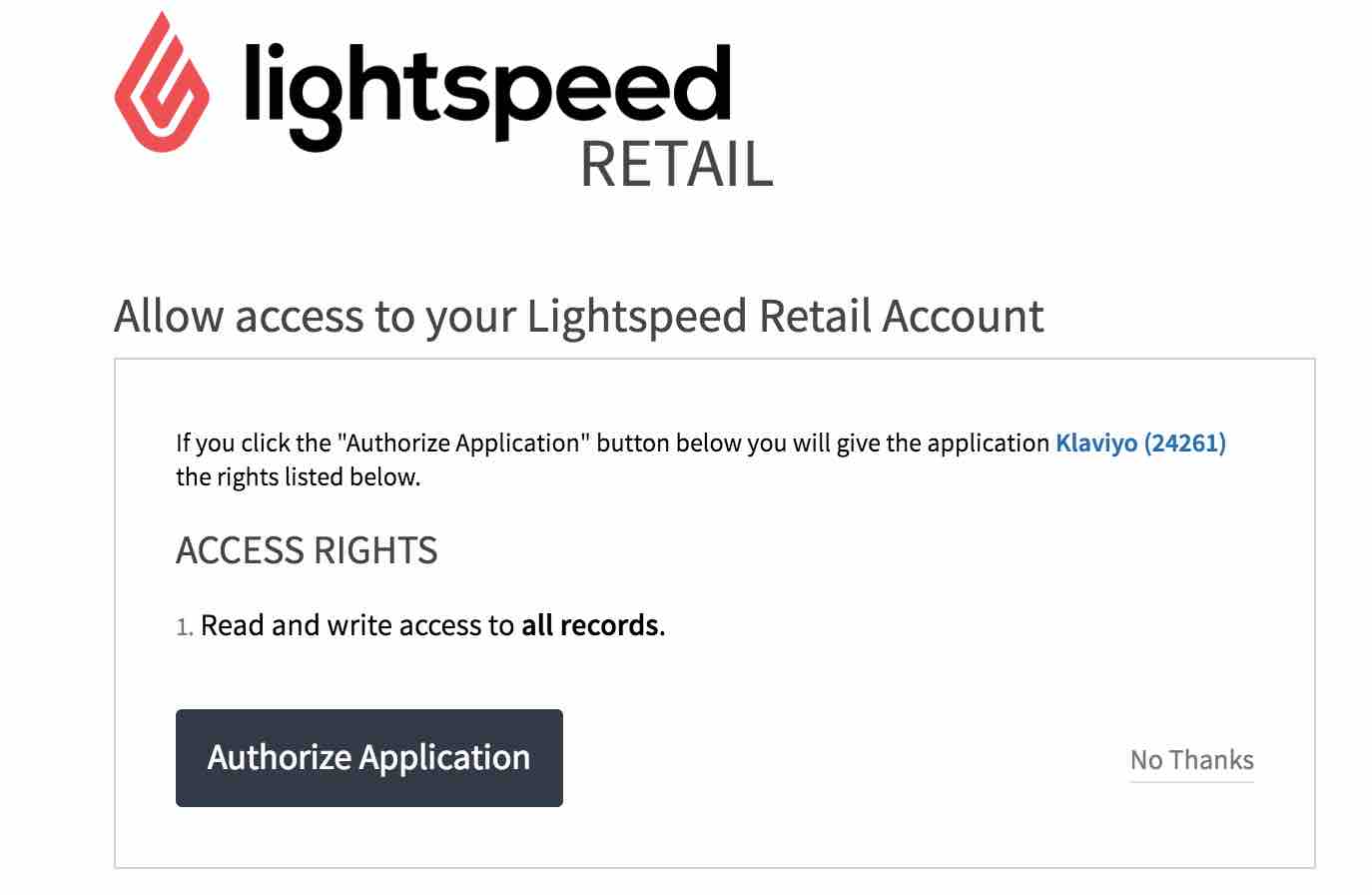 Page showing allow access to your Lightspeed retail account with access rights listed and Authorize Application with black background